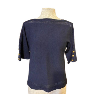 St John Sport Sweater Top Navy Blue Gold  S Small Nautical Buttons Short Sleeve